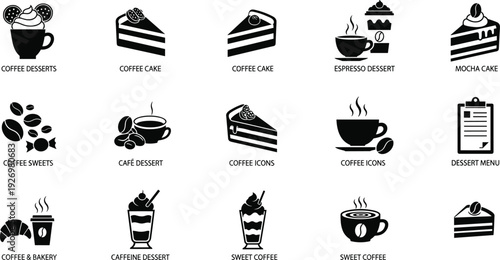 Professional Black Silhouette Icon Set for Coffee and Bakery Featuring Coffee Cakes Espresso Desserts Mocha Slices Caffeine Sweets and Menu Assets