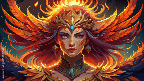 Very beautiful close-up portrait of a radiant phoenix with fiery feathers and glowing aura, representing rebirth, immortality, transformation, and unstoppable spiritual power.