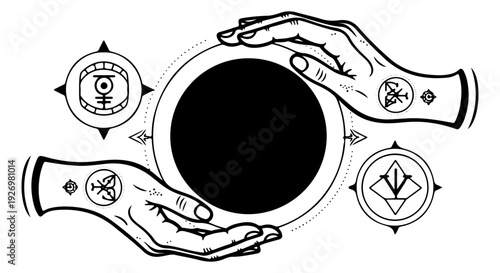 Esoteric hands holding a black circle with mystical symbols. Features two hands in a protective gesture around a dark void, surrounded by four circular occult emblems with arrows pointing