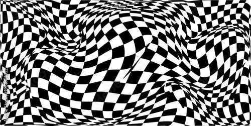 Wavy distorted checkerboard pattern background. Black and white warped grid with optical illusion effect. Created in abstract style with monochrome palette.
