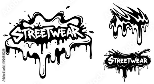 Streetwear dripping paint graffiti style logo collection. Includes three distinct black and white designs with splash and drip effects. Created in bold graphic style with black and white palette.