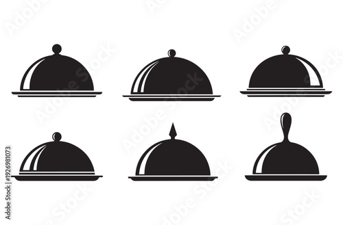Set domed plates collection with different lids restaurant serving tray icons silver cloche vector illustration kitchen menu dinner serving