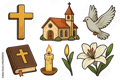Set of Christian religious symbols including a cross, church, dove, bible, candle, and lily, illustrated in a clean cartoon style for spiritual and faith-based concepts