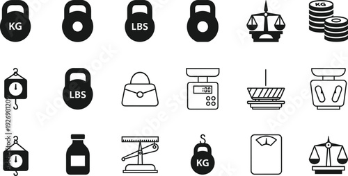 Weight measurement icons set with kettlebell scales balance kilogram pound symbols digital and mechanical weighing equipment vector illustration