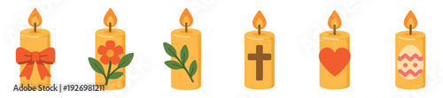 Set of six yellow burning candles decorated with various symbols like a bow, flower, leaf, cross, heart, and Easter egg, representing different holidays and celebrations