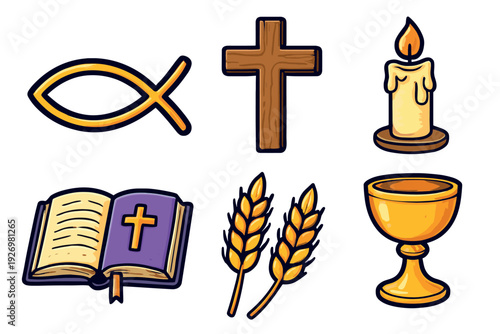 Set of six Christian religious symbols including a cross, bible, chalice, wheat, candle, and ichthys fish drawn in a colorful cartoon illustration style for faith-based design