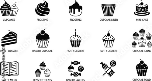 Professional Black Silhouette Icon Set for Cupcakes and Bakery Featuring Frosted Cakes Liners Party Desserts Menu and Sweet Treats