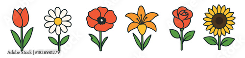 Set of six colorful flower icons including a tulip, daisy, poppy, lily, rose, and sunflower in a simple, flat cartoon style illustration for decorative design
