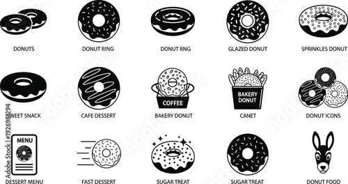Professional Black Silhouette Icon Set for Donuts and Bakery Featuring Glazed Sprinkled and Frosted Rings Coffee and Sweet Treats