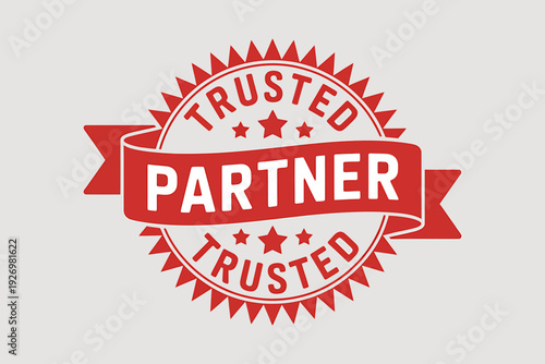 Red trusted partner badge with starburst and ribbon design element