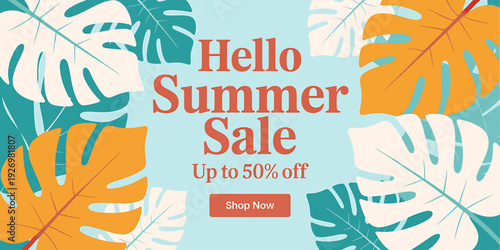 Summer sale advertisement with tropical leaves and discount offer on blue background