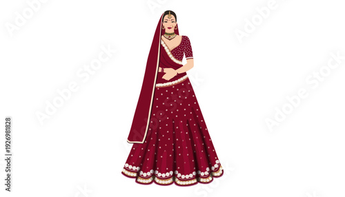A beautiful Indian woman wearing a traditional red lehenga illustration