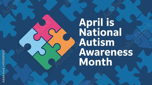 Autism awareness month puzzle pieces on blue background