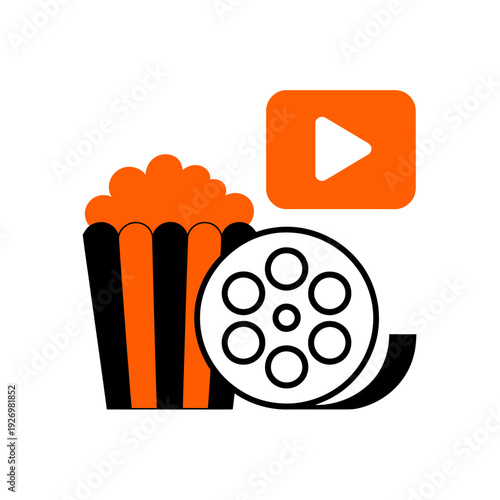 Movie night popcorn bucket with film reel and play button icon