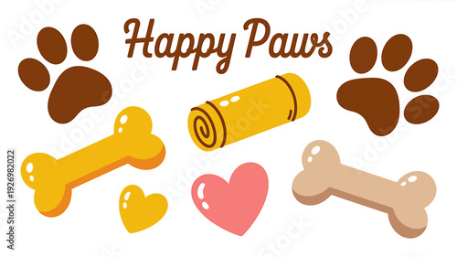 Cute dog accessories and symbols on white background  Happy Paws