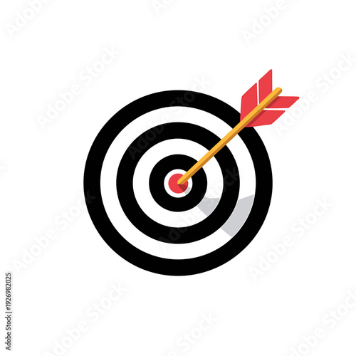 Bullseye target with red arrow hitting center accurately in one shot