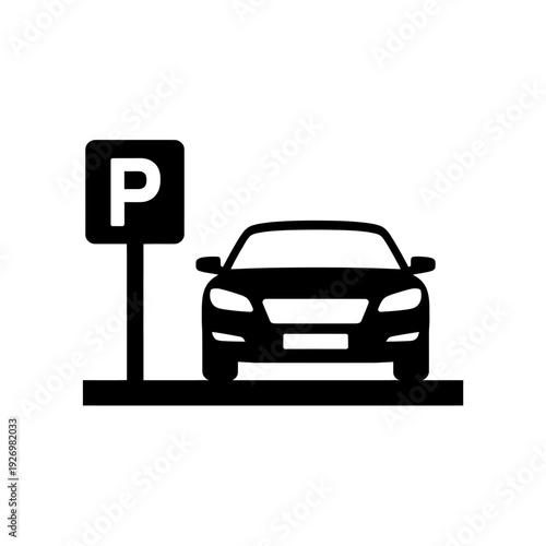 Black silhouette of car parked next to parking sign  simple illustration