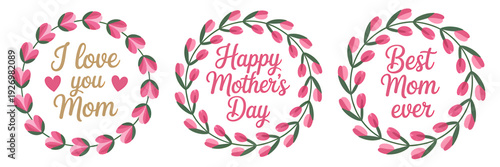 Mothers day floral wreath with love text  pink flowers