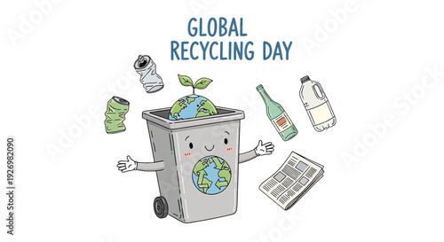 Cartoon Recycling Bin with Earth and Waste.