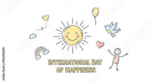 Childlike Drawing of Happy Sun and Person.