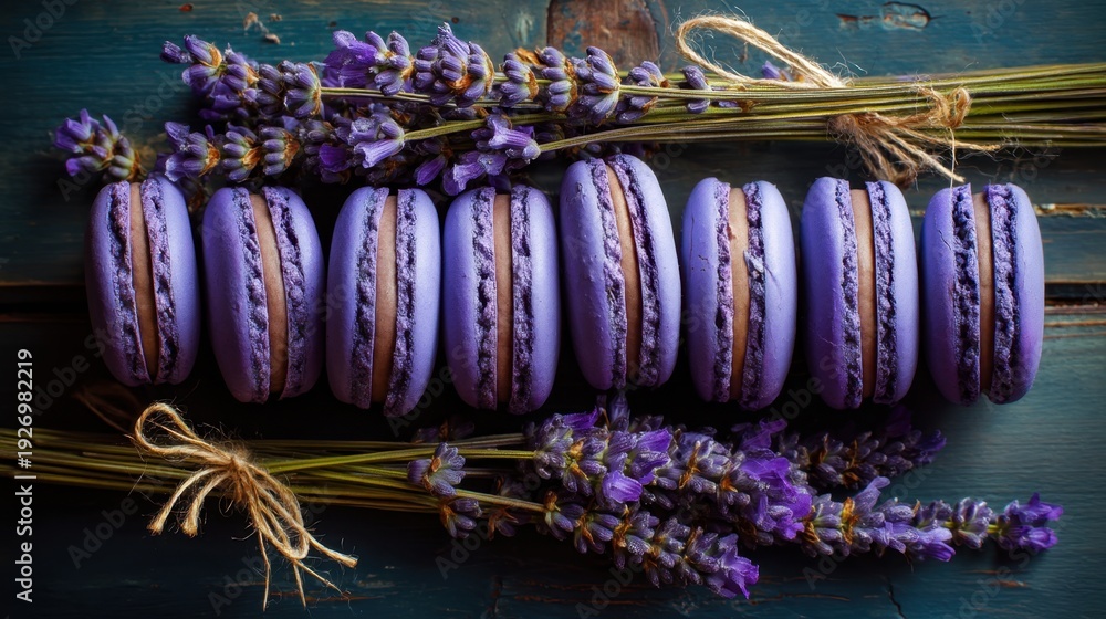 Fototapeta premium Lavender macarons with fresh lavender stems on rustic wooden background.