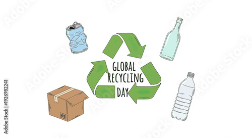 Global Recycling Day Symbol with Waste Items.