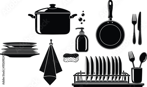Professional Black Silhouette Icon Set for Kitchenware Featuring Cookware Dishes Cutlery Drying Rack Soap and Cleaning Supplies Assets Collection
