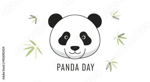 Panda Face Illustration with Bamboo Leaves Surrounding.