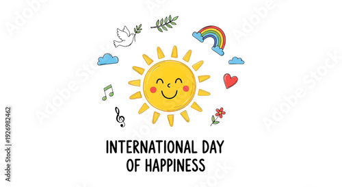 Smiling Sun with Happiness Symbols Surrounding.