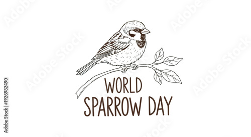 Sparrow perched on branch with leaves illustration.