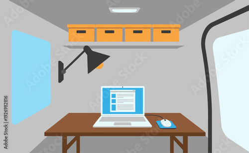 A compact van office desk showcases a laptop, mouse, and storage. Natural light streams through a window, creating a bright, productive workspace. Modern and functional design.