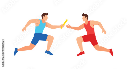 Two athletes in a dynamic relay race exchange a baton depicted in a flat stylized silhouette high quality professional detailed modern
