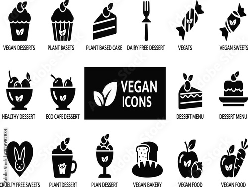 Professional Black Silhouette Icon Set for Vegan Bakery Featuring Plant Based Cakes Dairy Free Desserts Eco Cafe and Healthy Sweets