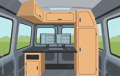 A dual-monitor van workstation showcases a modern office setup. Two monitors sit on a desk, offering a professional workspace. Clean lines and a bright interior create a productive atmosphere.