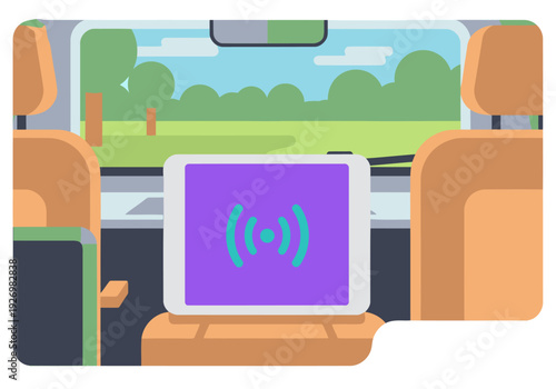 A digital nomad works on a tablet inside a van, enjoying a scenic view. Modern van life office concept. Bright, vibrant, and productive.