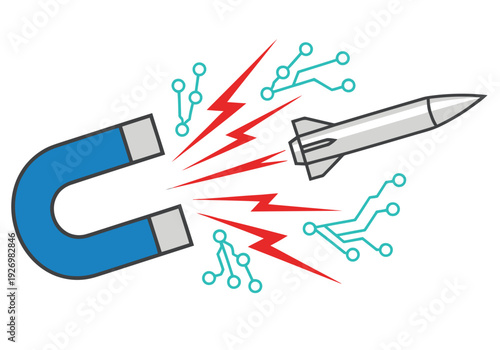 A dynamic graphic illustrates magnetic defense technology intercepting a missile. Bold colors and circuit board details create a striking visual for tech and defense concepts.