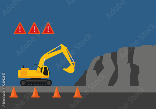 Excavator works in a mine zone, surrounded by warning signs and safety cones. Secure military area. Illustrative, vector style.