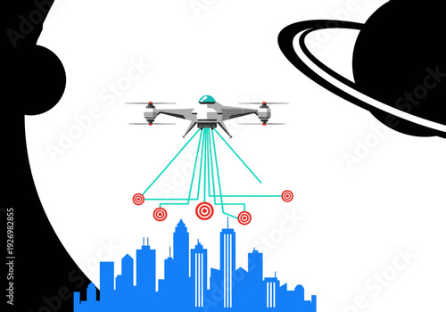 A futuristic drone targets city buildings with laser beams, symbolizing potential future warfare. A detailed illustration showcases strategic targeting and a stark, modern aesthetic.