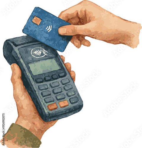 Vector watercolor illustration of hands with credit card and payment terminal