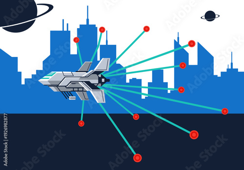 A futuristic spaceship delivers mineral supply to a vibrant cityscape. Bold lines and bright colors create a dynamic, modern illustration for future war concepts.