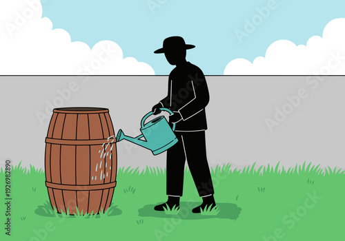 A gardener waters a barrel with a watering can. A classic scene of rural labor, showcasing a man tending his garden. Simple, clear composition.