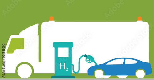 A mobile hydrogen refueling unit fuels a car. Clean energy technology illustration. Modern, graphic design. Suitable for commercial use.