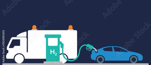A mobile hydrogen refueling unit fuels a car. Clean energy technology illustration. Modern, graphic design. Suitable for commercial use.