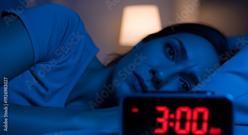 Concept of insomnia with woman awake and digital clock showing 3 AM