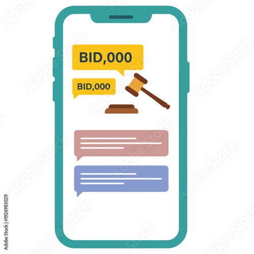 Mobile phone displays a live auction bid of $10,000 with a gavel icon. Modern, clean design for digital marketing and online bidding concepts.