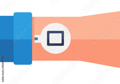 A modern glucose monitor sensor arm displays a reading on a digital watch. Clean, flat design illustration. Suitable for health, technology, and wellness themes.