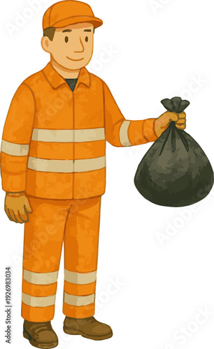 Vector watercolor illustration of a garbageman