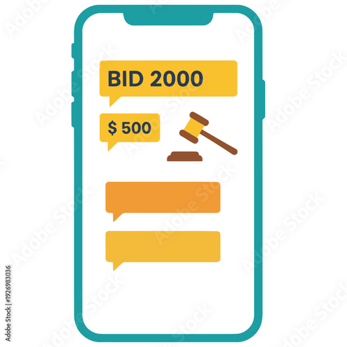 Mobile phone displays a live auction bid for $500. A gavel icon and text highlight the auction event. Modern, clean design.