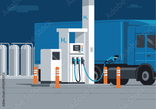 A modern hydrogen truck refueling at a station. Clean, blue design highlights the future of transportation. Ideal for business and sustainability visuals.