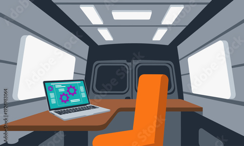 A modern mobile work van interior showcases a laptop, ergonomic chair, and workspace. Ideal for remote work and digital nomad visuals.